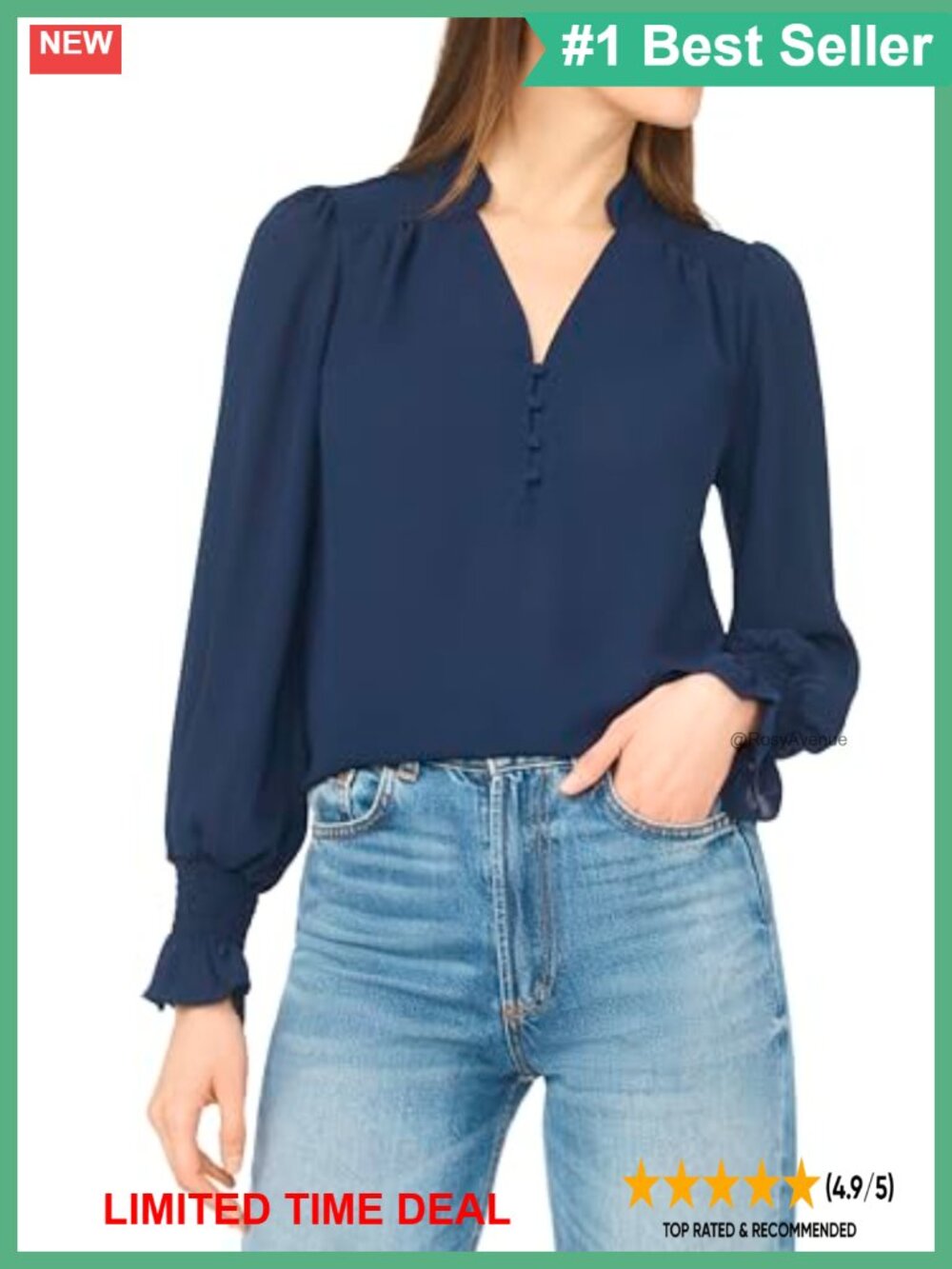 CeCe Smocked Half Placket V-Neck Blouse Long Gathered Sleeve